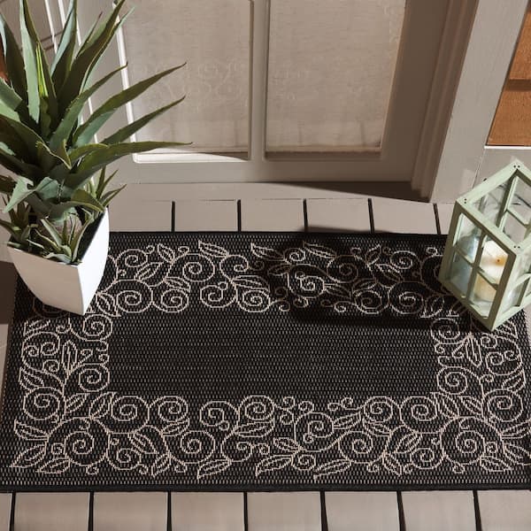 Courtyard Black/Beige Doormat 3 ft. x 5 ft. Floral Indoor/Outdoor Patio Area Rug