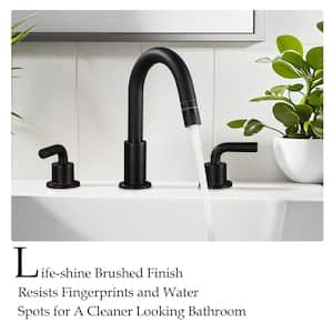 8 in. Widespread Double Handle Bathroom Faucet with Drain Kit Pull Out Sprayer Bathroom Sink Faucet in Black