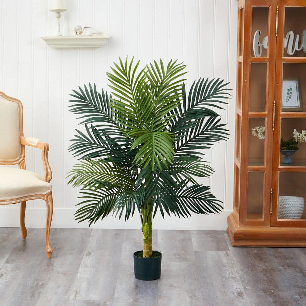 4 ft. Green Silk and Plastic Palm Outdoor Floor Plant