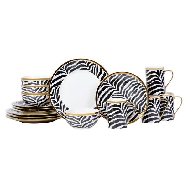 222 Fifth Serengeti Zebra 16-Piece Electropated Gold Porcelain Dinnerware Set