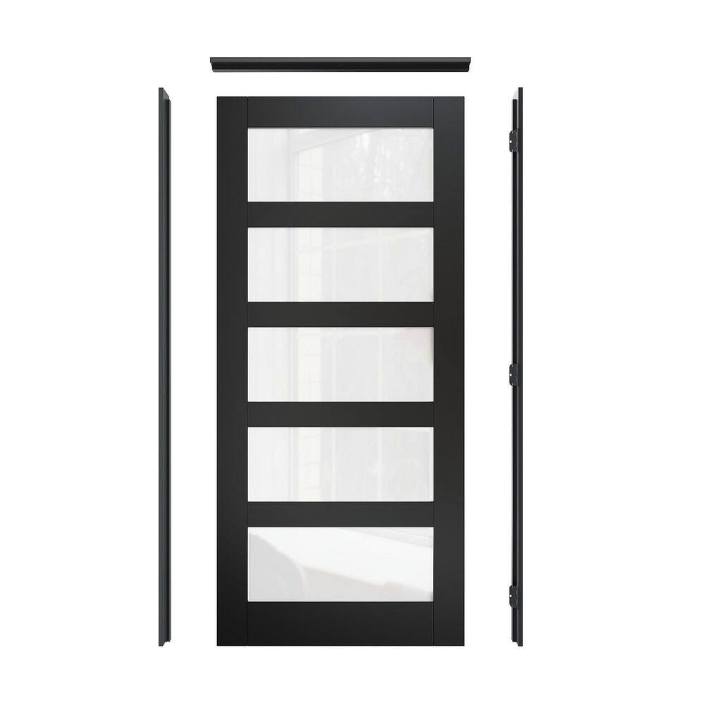 36 in. x 80 in. 5-Lite Frosted Glass Right-Hand Black Solid Core Wood Single Prehung Interior Door+ Quick Assemble Jamb price history on PriceWatchPro