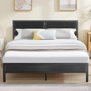 Bed Frame Black Metal Frame Queen Size Platform Bed with Wooden Headboard, Strong Metal Slat Support