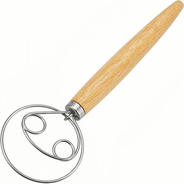 Danish Style Stainless Steel Dough Whisk with Wood Handle-Dutch Bread Mixer Tool for Sourdough, Pizza and Pastries