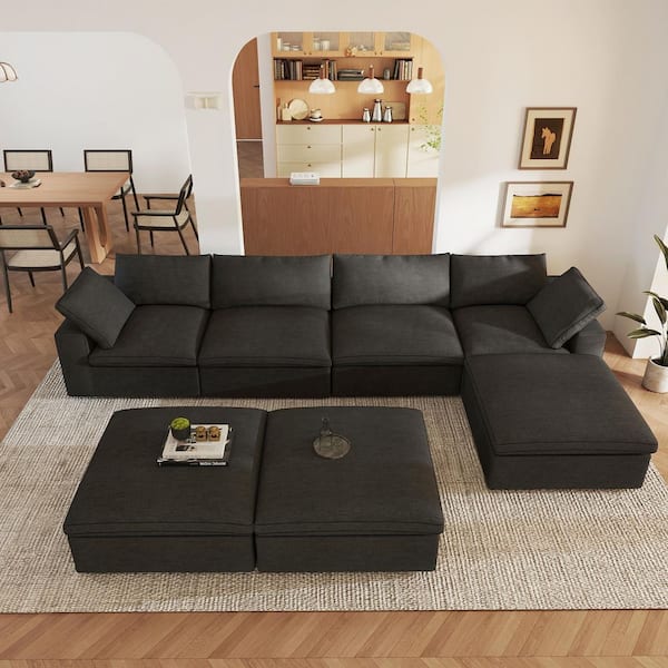 157 in. Square Arm 7-Piece Linen L-Shaped Sectional Sofa Corner Cloud Couch in Black with Ottoman
