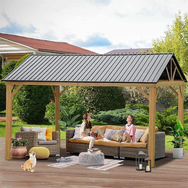 12 ft. x 14 ft. Brown Aluminum Frame Patio Gazebo Canopy Shelter with Galvanized Steel Hardtop Roof for Deck Backyard