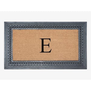 A1HC Square Geometric Black/Beige 24 in. x 39 in. Rubber and Coir Heavy Duty Easy to Clean Monogrammed E Door Mat