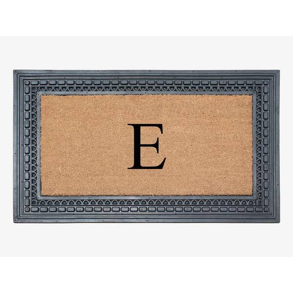 A1 Home Collections A1HC Square Geometric Black/Beige 24 in. x 39 in. Rubber and Coir Heavy Duty Easy to Clean Monogrammed E Door Mat