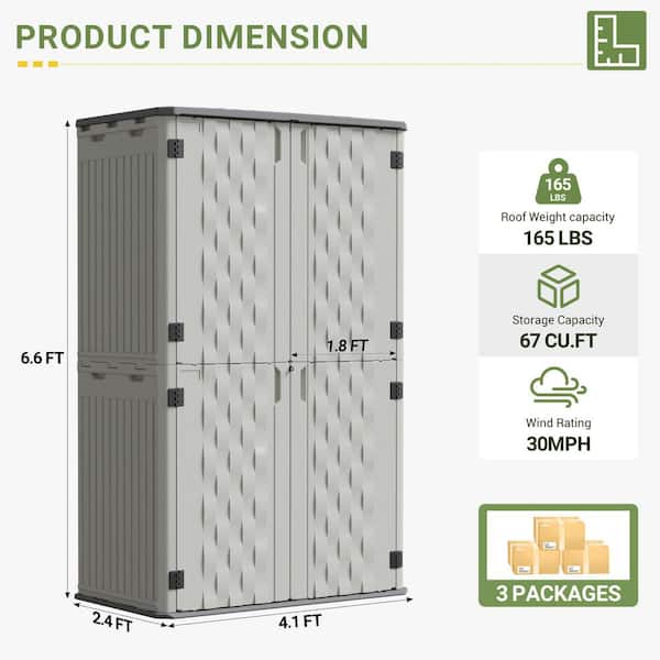 4.2 ft. W x 2.4 ft. D HDPE Vertical Outdoor Storage Shed, Waterproof Plastic Resin Storage Cabinet with Floor(10 sq.ft.)