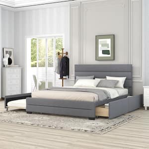 Gray Wood Frame Upholstered Queen Size Platform Bed with Trundle and Two Storage Drawers for Kids Teens, Adults