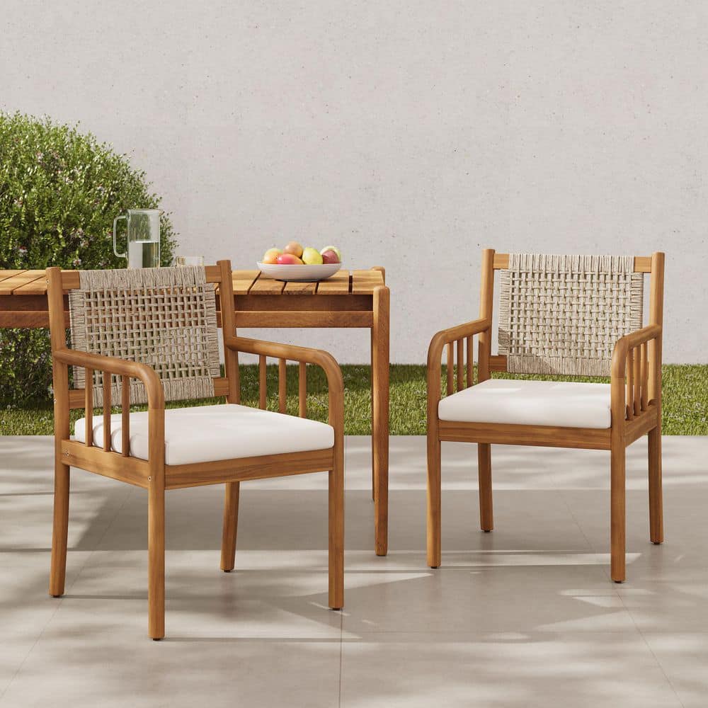 Howar Light Teak Solid Wood Patio Outdoor Dining Chairs with Cream Cushion, Light Brown PE Rattan Back, Set of 2 price history on PriceWatchPro
