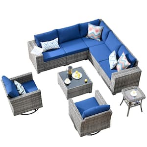 Crater Grey 9-Piece Wicker Wide-Plus Arm Patio Conversation Sofa Set with Swivel Rocking Chairs and Navy Blue Cushions