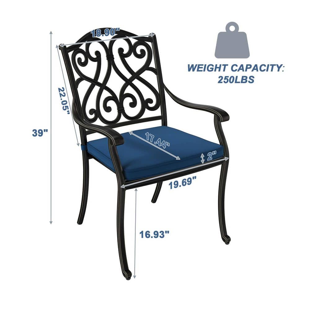 Set of 4 Black Cast Aluminum Outdoor Dining Chairs with Blue Cushions