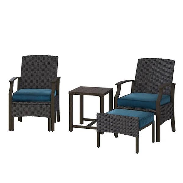 Mondawe 5-Piece Wicker Patio Conversation Set Dining Chair and Side Table Set With Blue Cushions and Foot Rest
