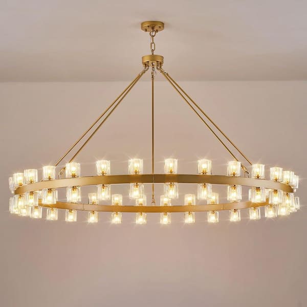 60-Light Gold Round Chandelier with Chain, 60in. Modern K9 Crystal Chandelier for Dining Room, Living Room, Foyer
