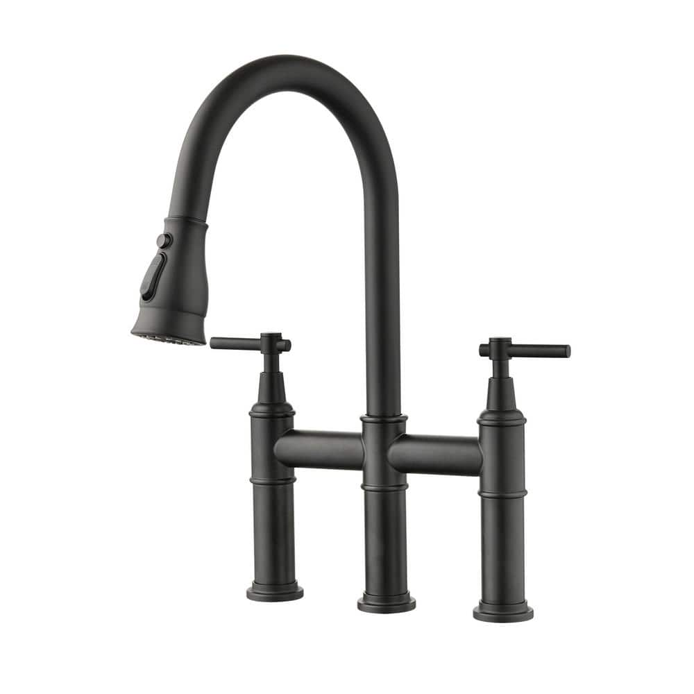  Double Handle Bridge Kitchen Faucet With Pull-Down Spray Head, 3 Holes Kitchen Sink Faucet in Matte Black