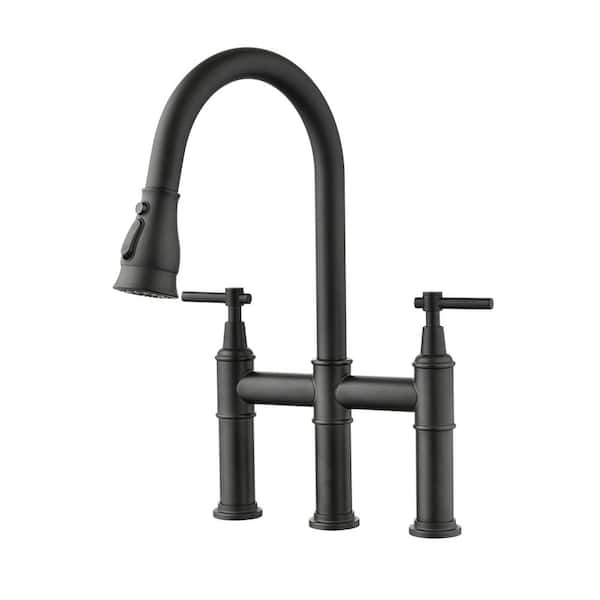 PERLIRIA INC Double Handle Bridge Kitchen Faucet With Pull-Down Spray Head, 3 Holes Kitchen Sink Faucet in Matte Black