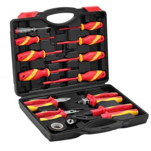 Insulated Electrician Screwdriver and Plier Set 1000-Volt Magnetic Phillips Slotted Strength Durable 12-Piece Red