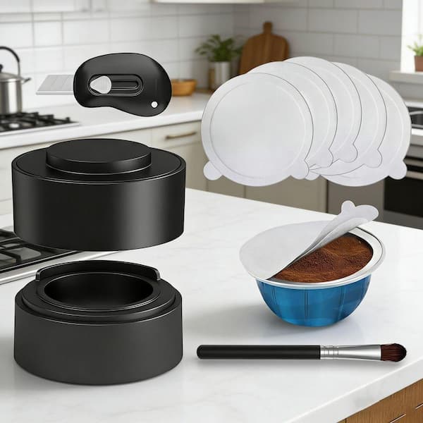 Aluminum Finish Coffee Pod Organizer Drawer Organizer with 100 Pcs Foil Seal Lids Holder Brush for Nespresso Vertuo