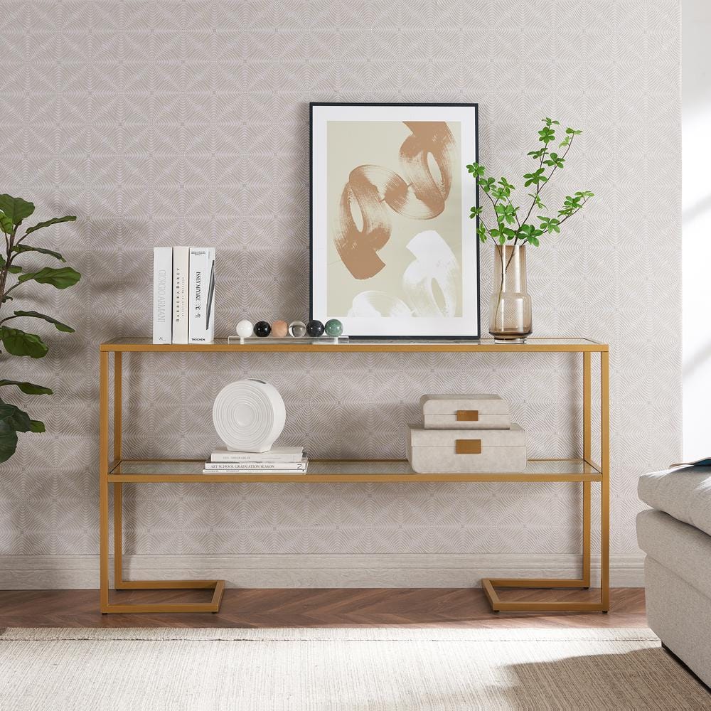 Elegant Gold 55" Metal & Glass Console Table with Storage Shelf
