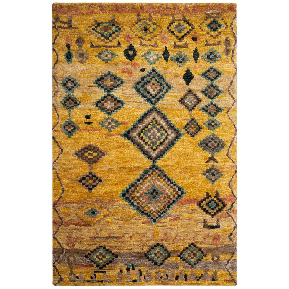 Hand-Knotted Geometric Gold & Ivory Wool-Blend 5' x 8' Area Rug
