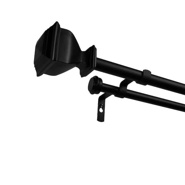 EXCLUSIVE HOME Napoleon 66 in. - 120 in. Adjustable Length Double Curtain Rod Kit in Matte Black with Square Finial