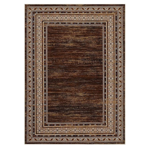 Red‑Brown 8 ft. x 10 ft. Washable Bordered Area Rug, Non Slip Low Pile Non Shedding Stain Resistant Rug for Living Room