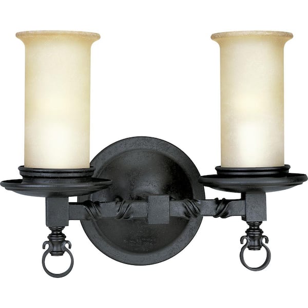 Progress Lighting Santiago Collection 2-Light Forged Black Bathroom Vanity Light with Glass Shades