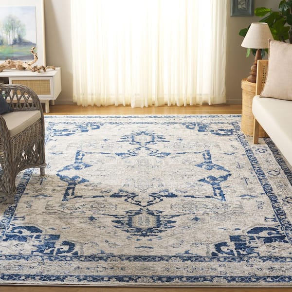 Brentwood 6 ft. x 9 ft. Beige/Blue Border Medallion Area Rug