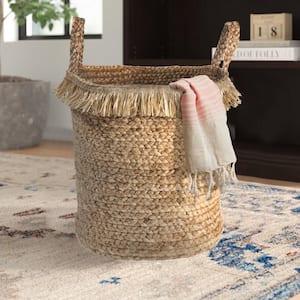Amara Claine Braided Fringed Natural Jute Decorative Storage Basket with Handles