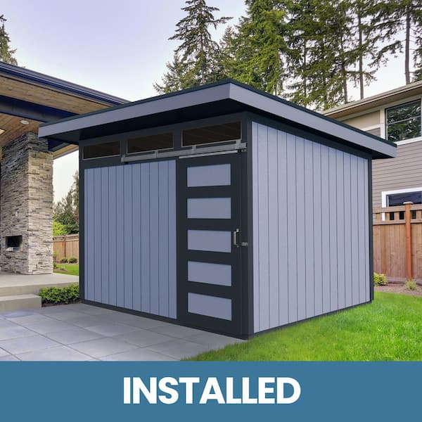 Handy Home Products Installed Halcyon 8 ft. x 12 ft. Wooden Shed with Metal Roof