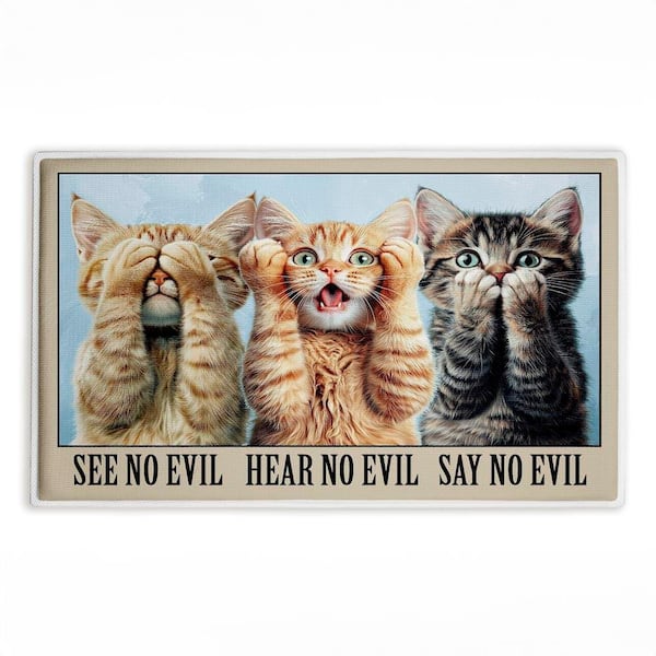 See No Evil Cats Trio 18 in. x 30 in. Beige Graphic Polyester Blend Rectangle Bath Mat