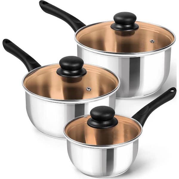 1QT 2QT 3QT Stainless Steel Sauce Pan Set with Lid Tri-Ply Base Easy Pour Bakelite Handle Oven Safe 3-Pack