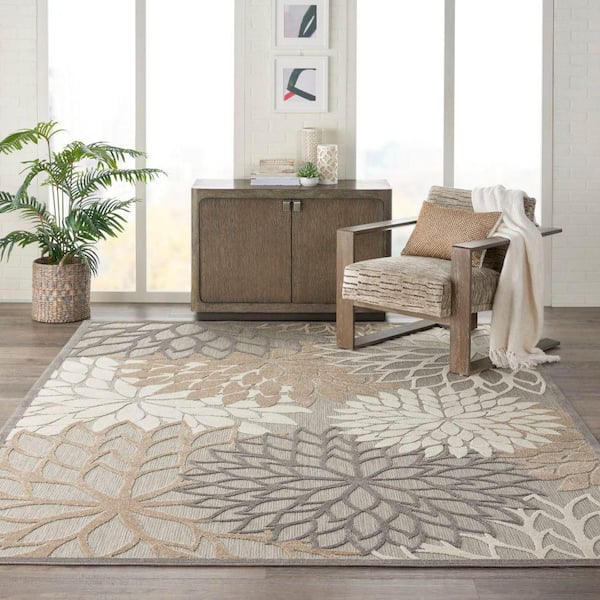Aloha Natural 7 ft. x 10 ft. Floral Modern Indoor/Outdoor Patio Area Rug