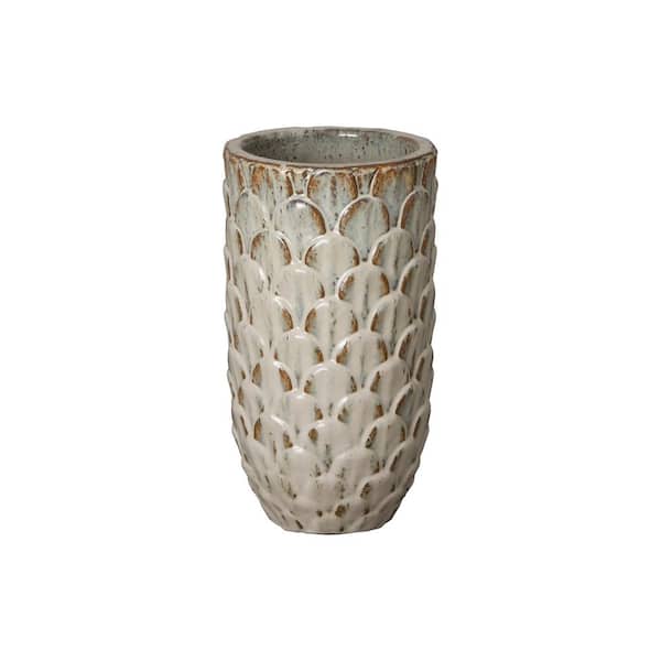 Pinecone 9 in. D x 16 in. H Antique White Ceramic Round Planter with Drainage Hole
