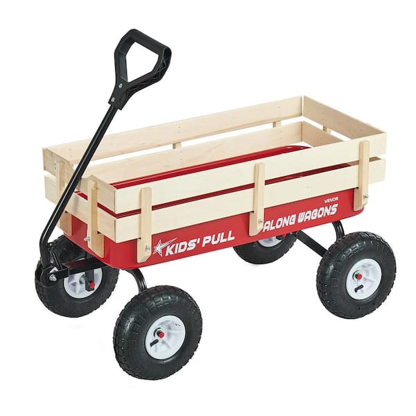 Pull-Along Wagon for Kids, 39 in. Toddler Wagons Wooden Panels and Handle, 330 lbs. Red, 0.9 cu. ft. Metal Garden Cart