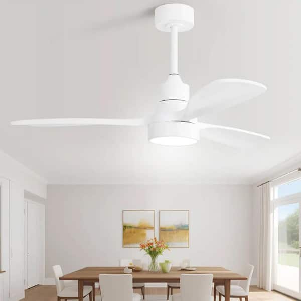 48 in. Modern Downrod Mount White Wood Ceiling Fan with 3 Solid Wood Blades, Light Included, Remote, Reversible DC Motor