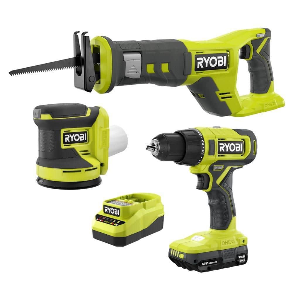Ryobi ONE+ 18V Cordless 1/2 in. Drill/Driver Kit with ONE+ 18V Cordless Reciprocating Saw, and ONE+ 18V Cordless 5 in. Sander