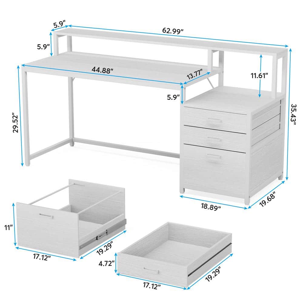 White Wood 63" Computer Desk with Drawers and Filing Cabinet