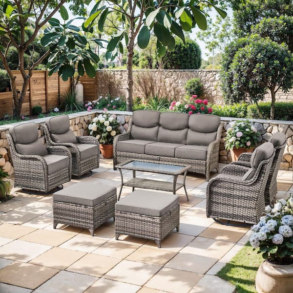 Moon Luxe Gray Swivel Glider Wicker Patio Conversation Set with Gray Olefin 6 in. Thick Cushions (8-Piece)