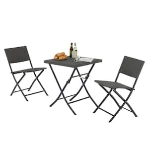 Gray 3-Pieces Wicker Outdoor Bistro Set Patio Dining Set Folding Table and Chair Set for Backyard, Porch, Balcony