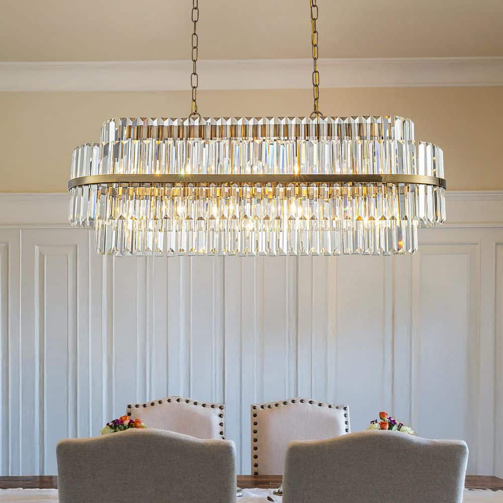 W39 in. 7-Light 2-Tier Modern Glam Rectangular Crystal Chandelier in Aged G