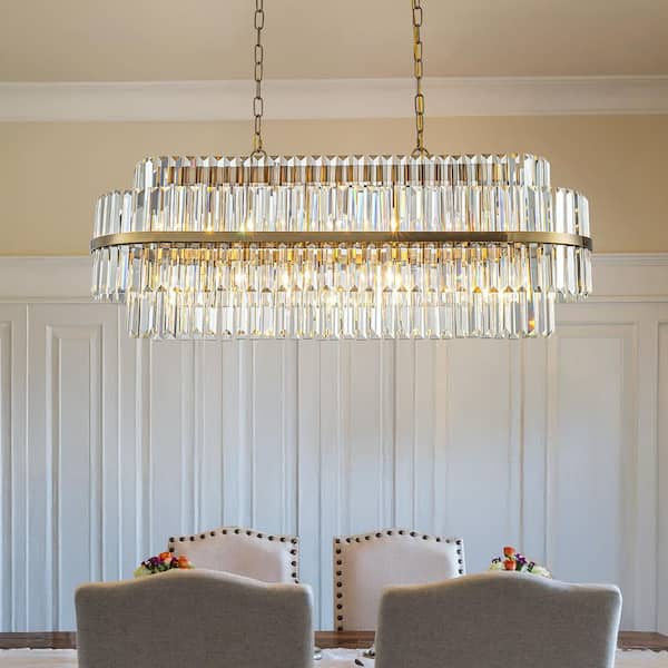 W39 in. 7-Light 2-Tier Modern Glam Rectangular Crystal Chandelier in Aged Gold Classic Hanging Lighting for Dining Room