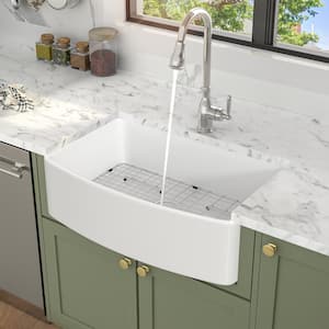 33 in. Farmhouse/Apron Front Single Bowl White Ceramic Kitchen Sink with Bottom Grid