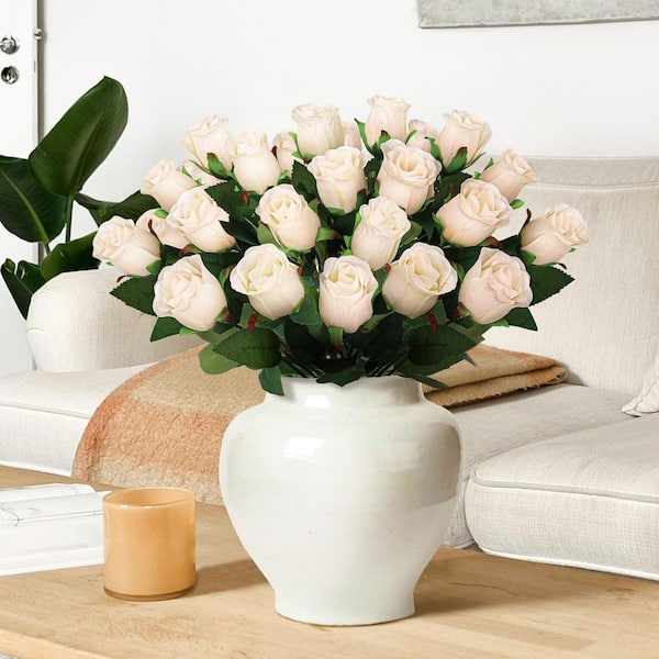 19.5 in. Ivory Artificial Rose Bud Flower Stem Bush Bouquet (Set of 2)