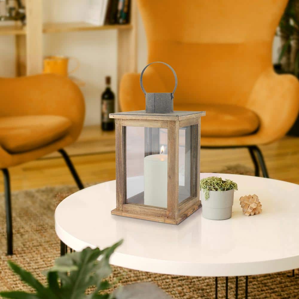 Rustic Farmhouse Wood and Bronze Hurricane Candle Lantern, 12"