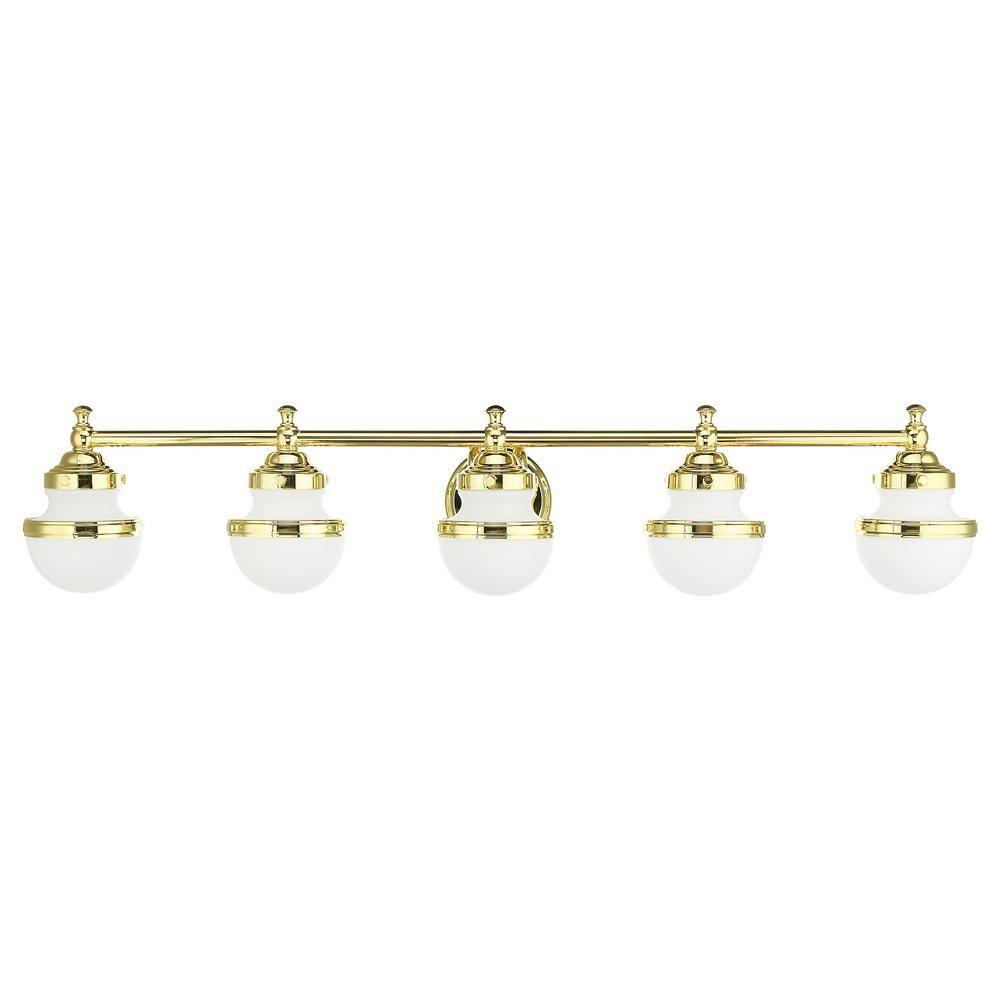 Polished Brass 5-Light Vanity with Satin Opal Glass