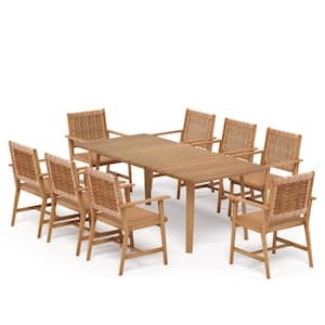 Brown 9-Piece Outdoor Patio Dining Set With Acacia Rectangular Table and Acacia wooden Chairs
