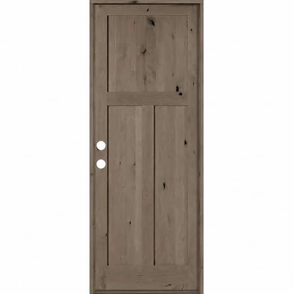 32 in. x 96 in. Rustic Knotty Alder 3 Panel Right-Hand/Inswing BEHR Weathered Gray Stain Wood Prehung Front Door