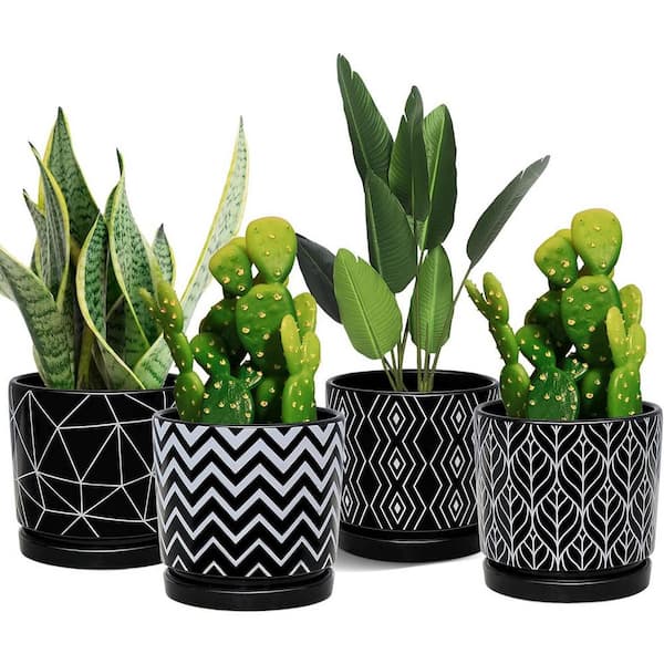 ITOPFOX Modern 5.5 in. L x 5.1 in. W x 5.1 in. H Black Ceramic Round Indoor/Outdoor Planter (4-Pack)