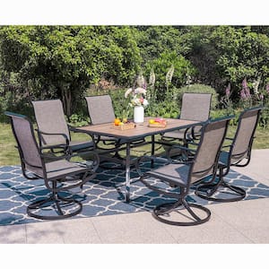 Black 7-Piece Metal Patio Outdoor Dining Set with Wood-Look Umbrella Table and Textilene Swivel Chairs
